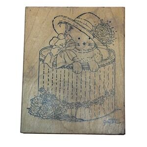Stamps Happen Linda Grayson Cat in Hat Basket Wood Rubber Stamp 80045 Vtg 5x4